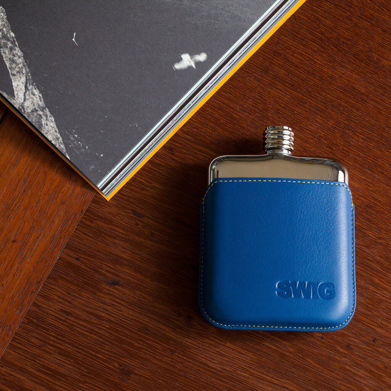 SWIG Blue Leather Executive Hip Flask - book