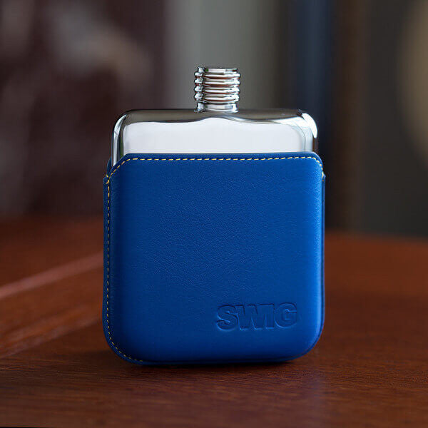 SWIG Blue Leather Executive Hip Flask - front