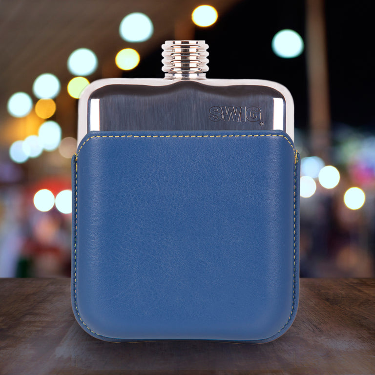 SWIG Blue Leather Executive Hip Flask - back