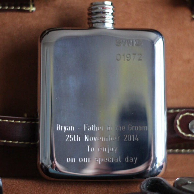 SWIG Hip Flasks Engraving Close up Wedding
