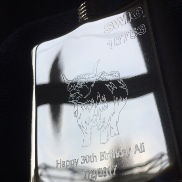 Highland Cow personalised hip flask engraving 