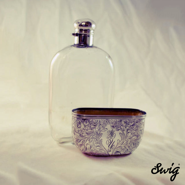 Hip Flask Antique Monogrammed Silver and glass