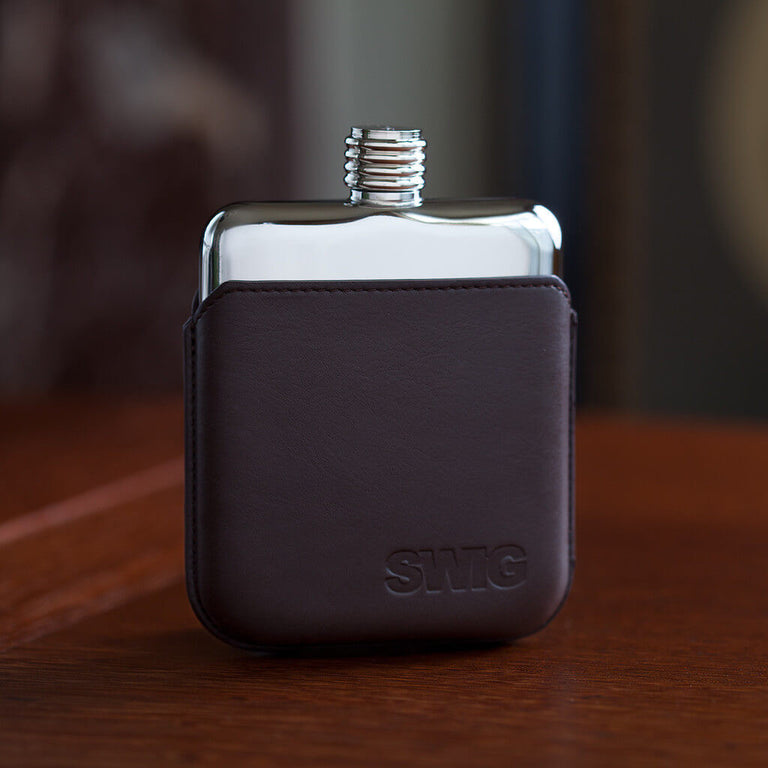 Brown Leather Executive SWIG Hip Flask - Front