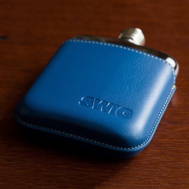 SWIG Blue Leather Executive Hip Flask - down