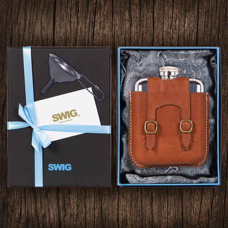 SWIG Hip Flasks Capped Kangaroo Leather Gift Set