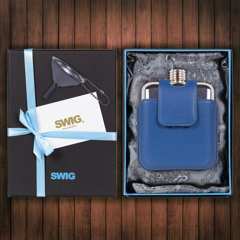 Wedding Hip Flask Gift Set Executive Magnetic Blue SWIG