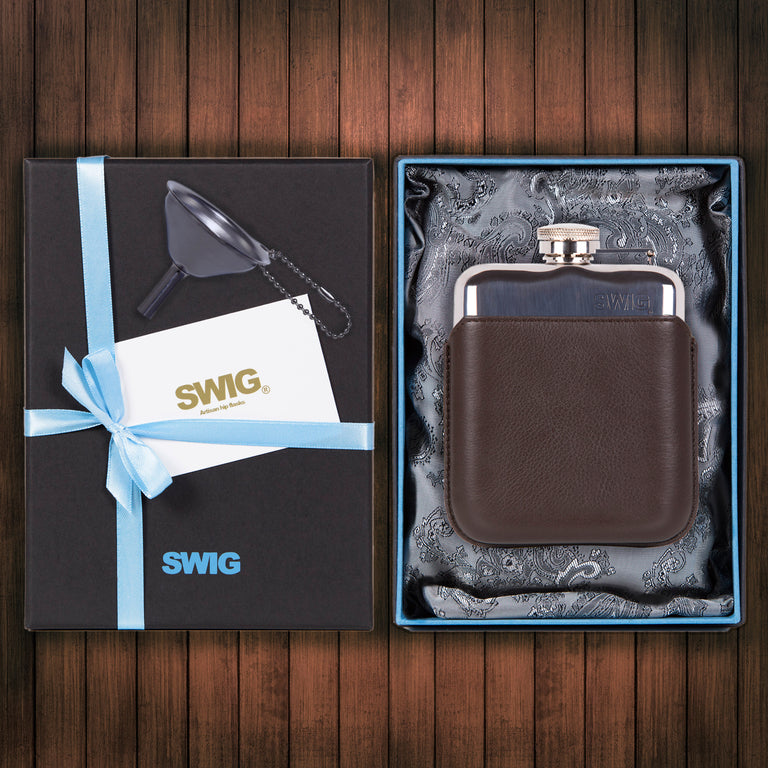 SWIG Hip Flasks Capped Executive Brown Gift Set