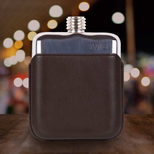 Brown Leather Executive SWIG Hip Flask - Front