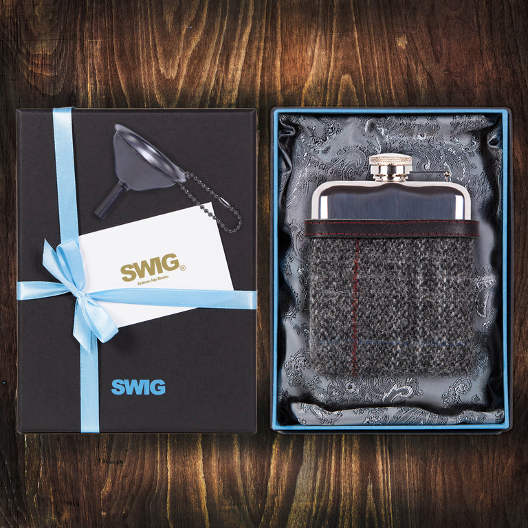 SWIG Hip Flasks Capped Tweed Black Gift Set