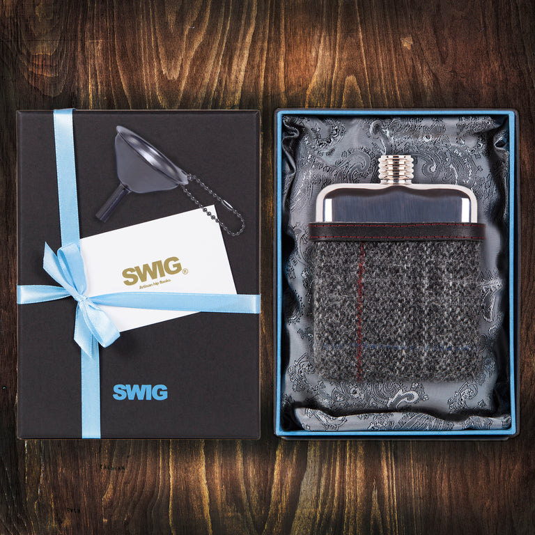 Wedding Hip Flask Harris Tweed Black Gift Set SWIG