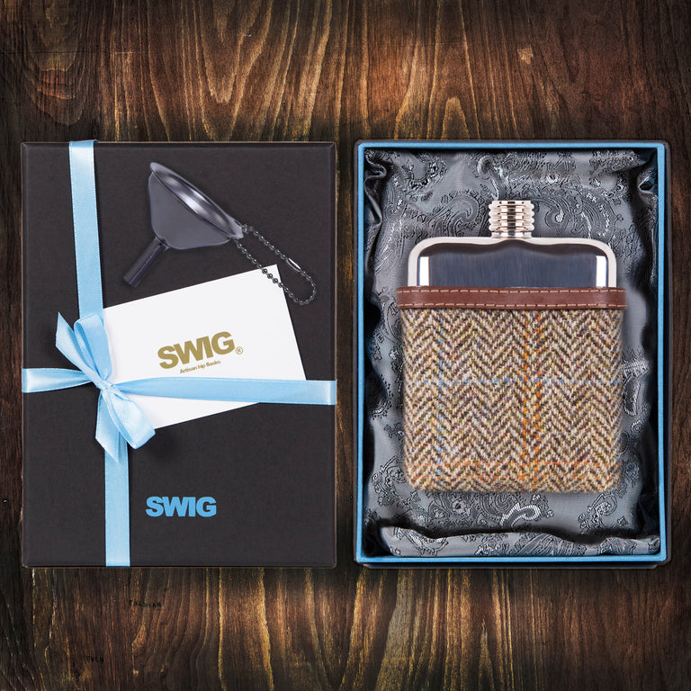 Wedding Hip Flask Harris Tweed Brown Gift Set SWIG