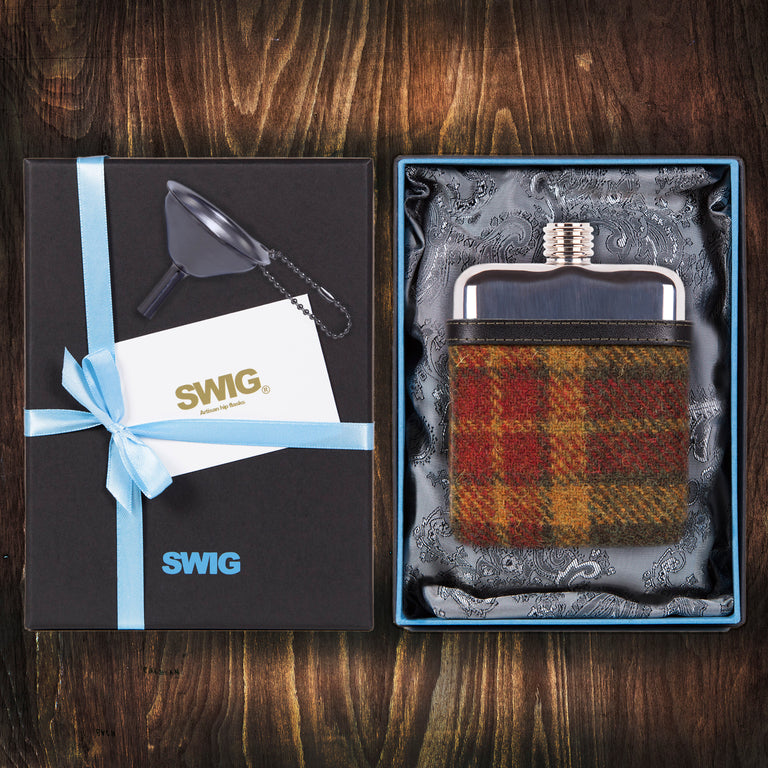 Wedding Hip Flask Harris Tweed Red Gift Set SWIG