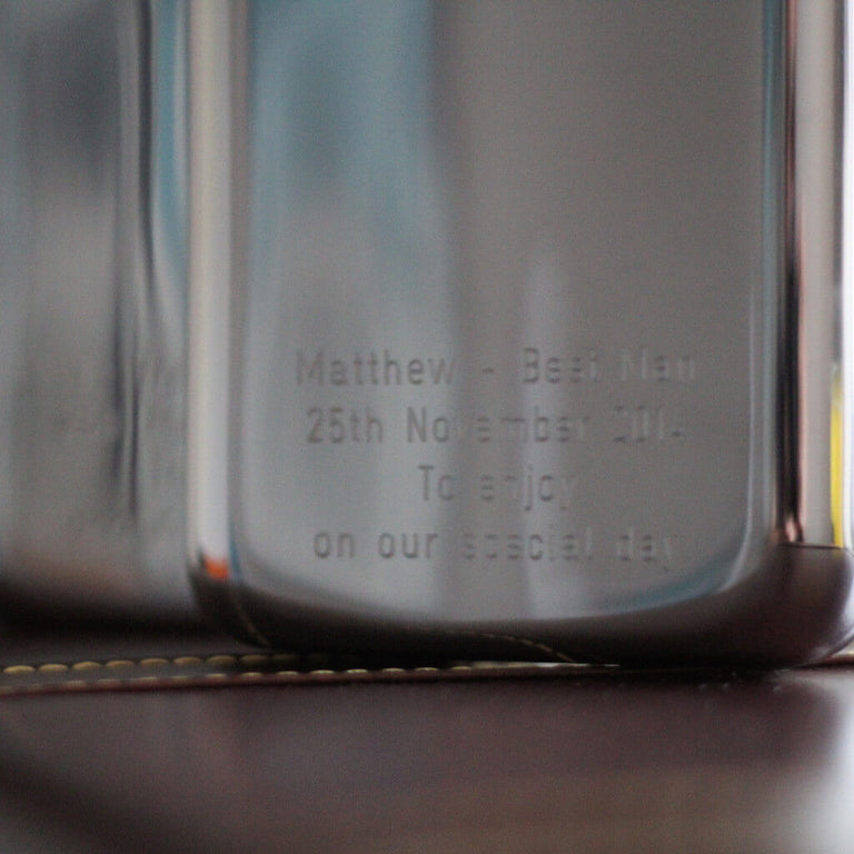 SWIG Hip Flasks Engraving Close up Wedding